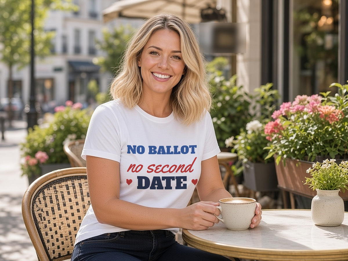 No Ballot, No Second Date T-Shirt, Funny Voting Shirt, lifestyle photo, White