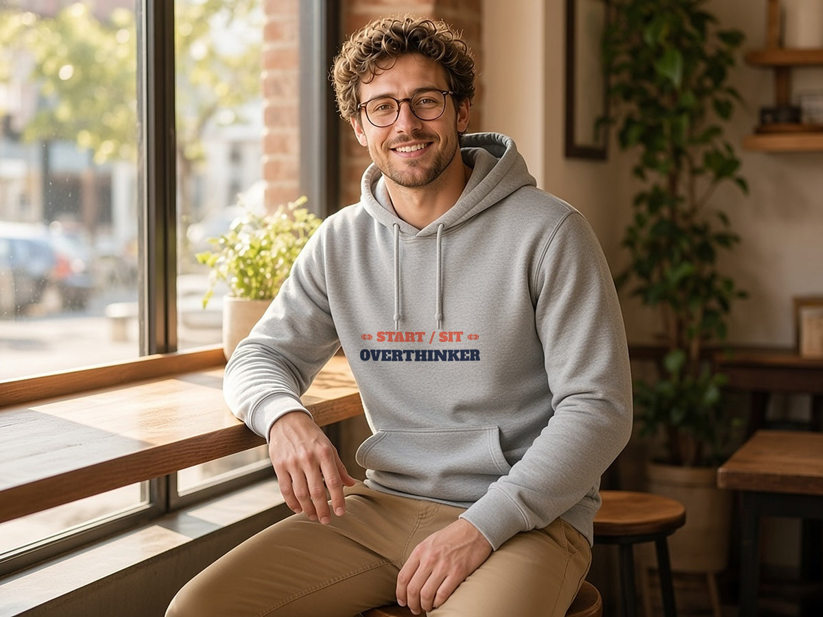 Start/Sit Overthinker Hoodie, Funny Fantasy Football Hoodie, lifestyle photo, Ash