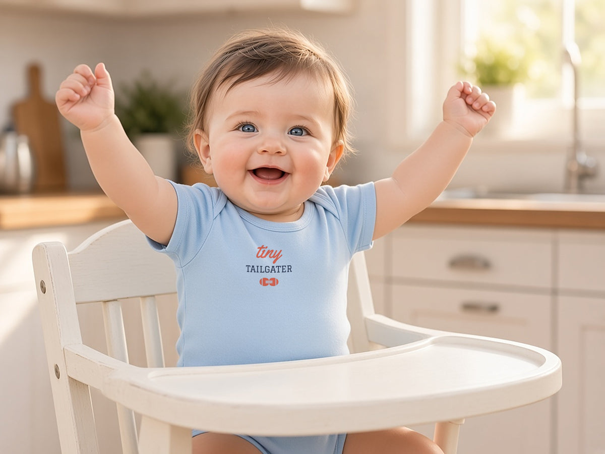 Tiny Tailgater Baby Bodysuit, Cute Game Day Baby Outfit, lifestyle photo, Light Blue