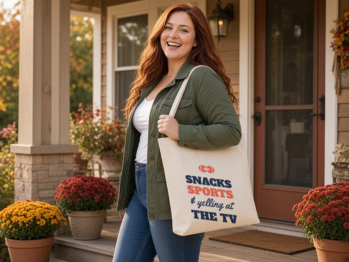 Snacks, Sports And Yelling At The TV Tote Bag, Funny Game Day Tote, lifestyle photo