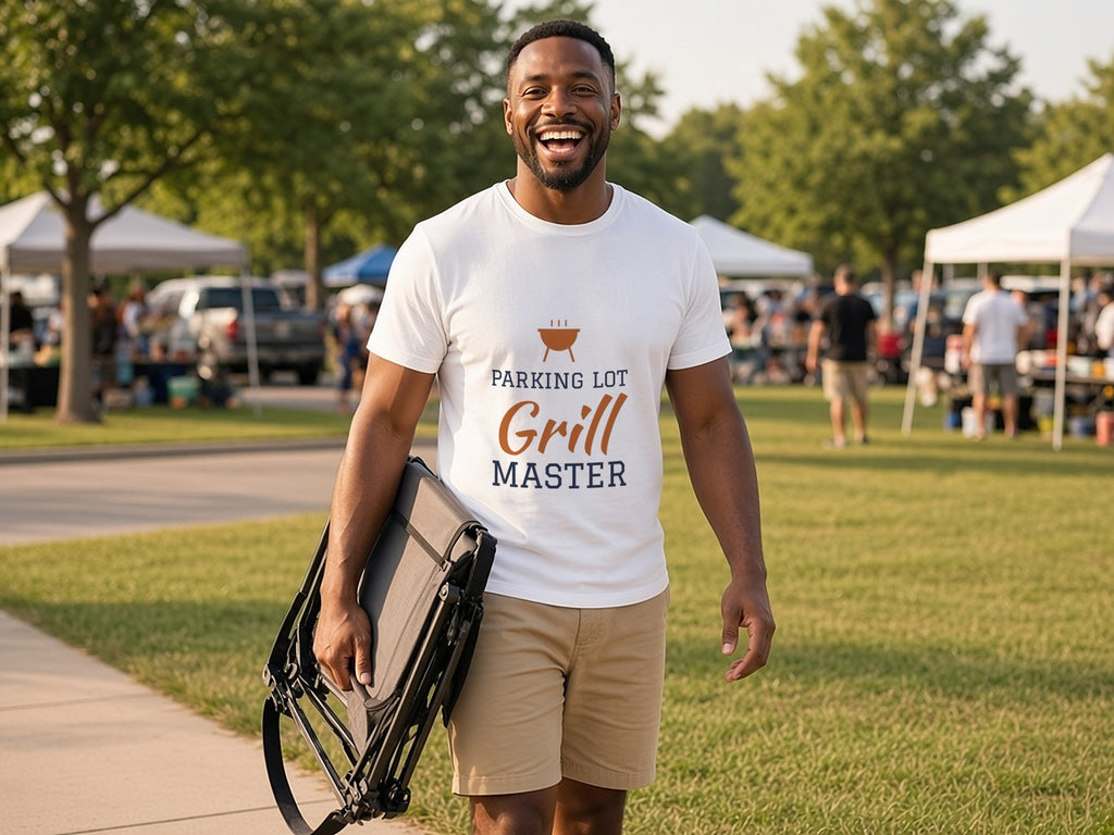 Parking Lot Grill Master T-Shirt, Funny Tailgate Shirt, lifestyle photo, White