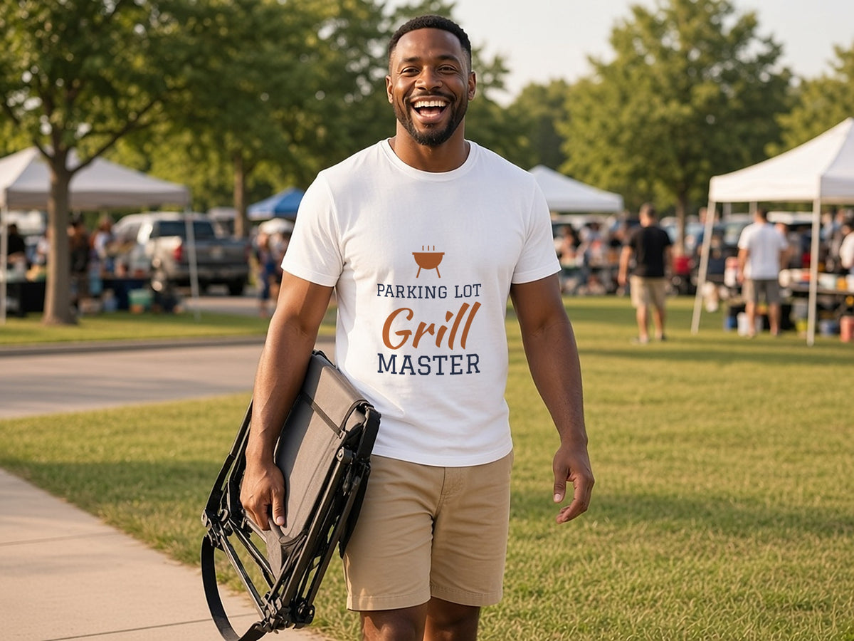Parking Lot Grill Master T-Shirt, Funny Tailgate Shirt, lifestyle photo, White