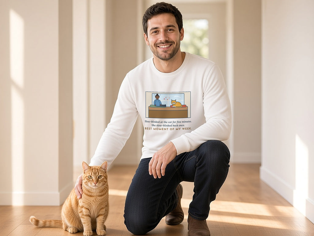 Cat Love Sweatshirt, Five Minutes of Eye Kisses, She Blinked Back Once, Best Moment of My Week, Funny Window Seat Crewneck, lifestyle photo, White