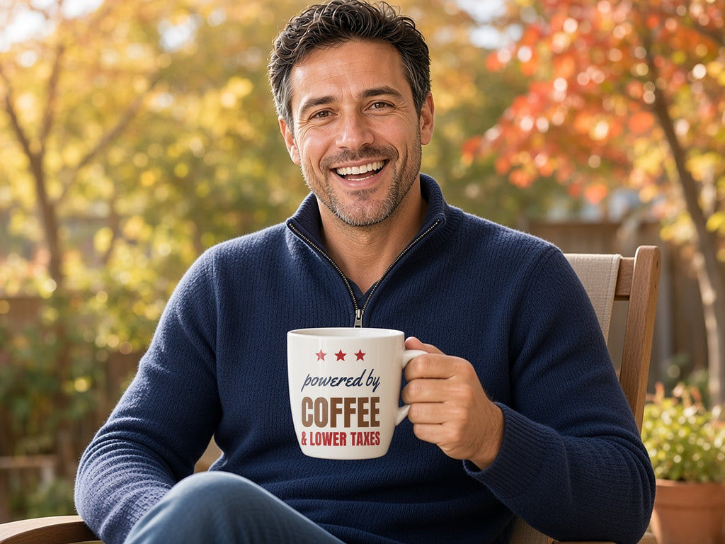 Powered By Coffee And Lower Taxes Mug, Funny Conservative Coffee Mug, lifestyle photo