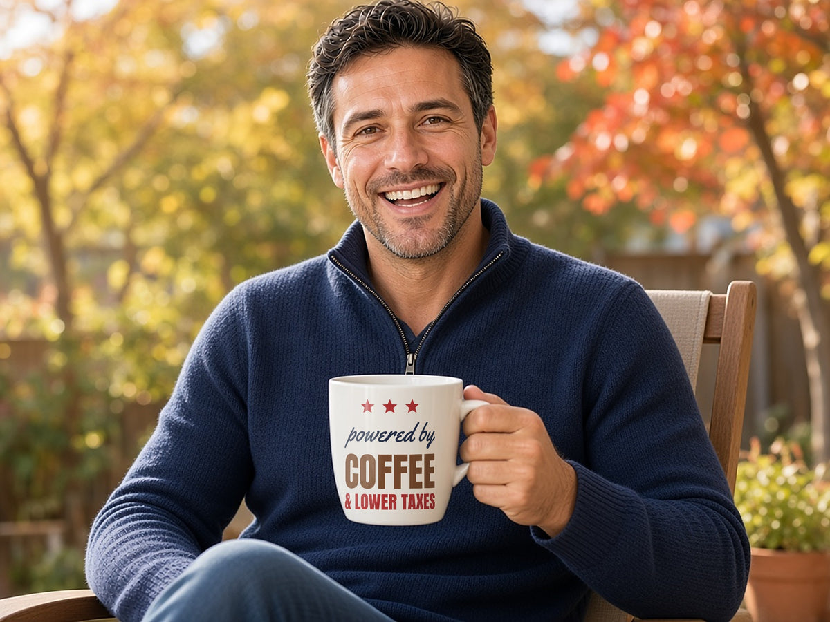 Powered By Coffee And Lower Taxes Mug, Funny Conservative Coffee Mug, lifestyle photo