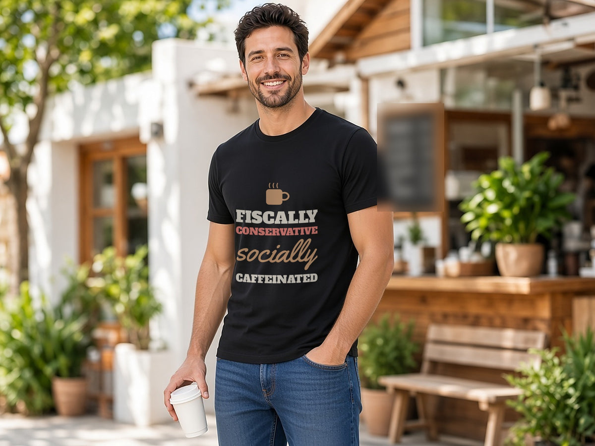 Fiscally Conservative, Socially Caffeinated T-Shirt, Funny Conservative Shirt, lifestyle photo, Black