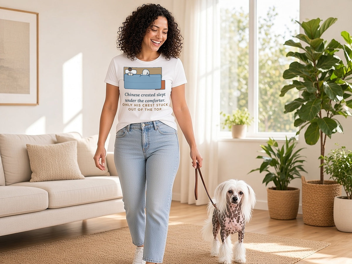 Chinese Crested T-Shirt - Slept Under the Comforter, Only His Crest Stuck Out, lifestyle wide, candid walk through sunny living room with dog on leash, White