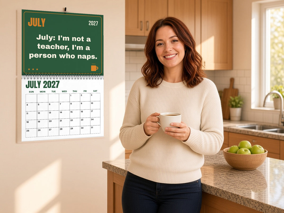 Funny Teacher Wall Calendar 2027 - Running on Coffee & Hall Passes, lifestyle photo 3
