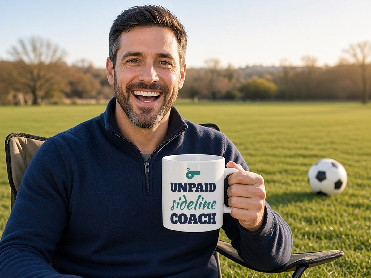 Unpaid Sideline Coach Mug, Funny Sports Parent Coffee Mug, lifestyle photo