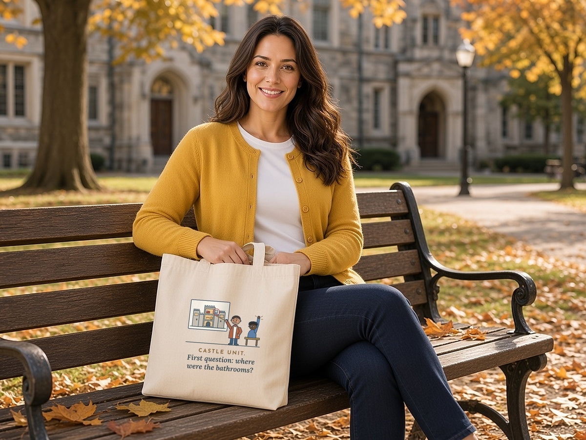 World History Teacher Tote Bag - Where Were the Castle Bathrooms, lifestyle photo
