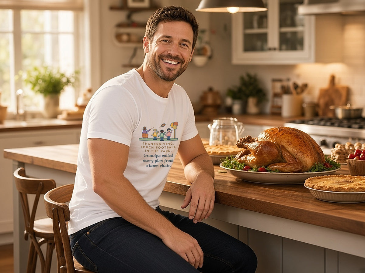 Funny Thanksgiving T-Shirt, Touch Football in the Yard, Grandpa Called Every Play from a Lawn Chair, Family Yard Game Tee, lifestyle photo, White