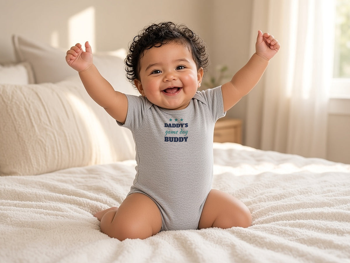 Daddy's Game Day Buddy Baby Bodysuit, Cute Sports Baby Outfit, lifestyle photo, Heather