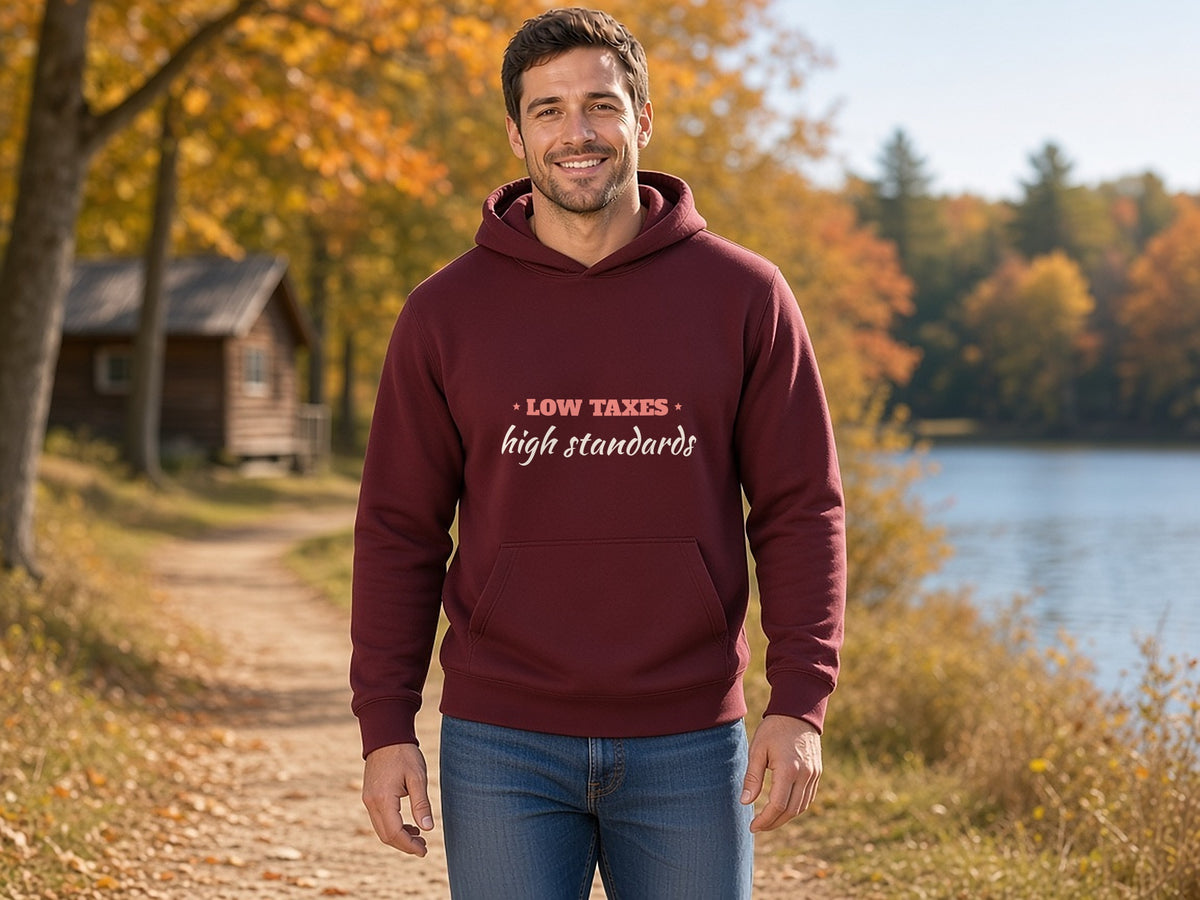 Low Taxes, High Standards Hoodie, Conservative Hoodie, lifestyle photo, Maroon