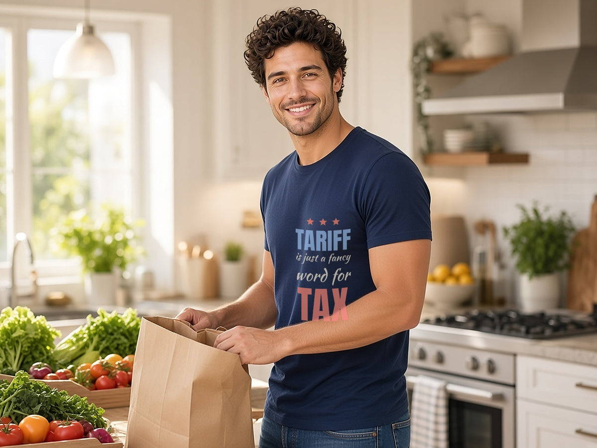 Tariff Is Just A Fancy Word For Tax T-Shirt, Funny Economics Shirt, lifestyle photo, Navy