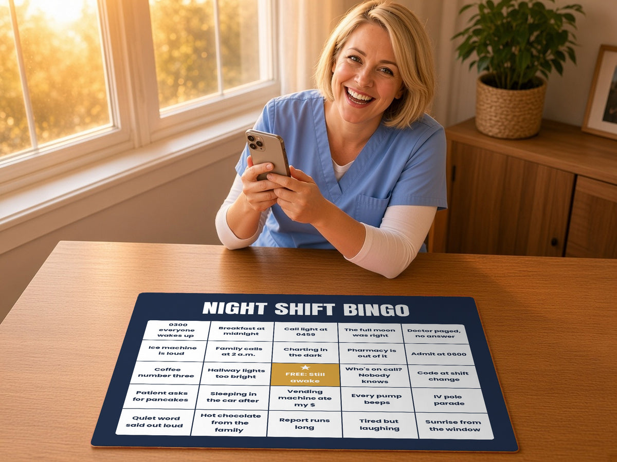Night Shift Nurse Bingo Desk Mat, lifestyle photo 3