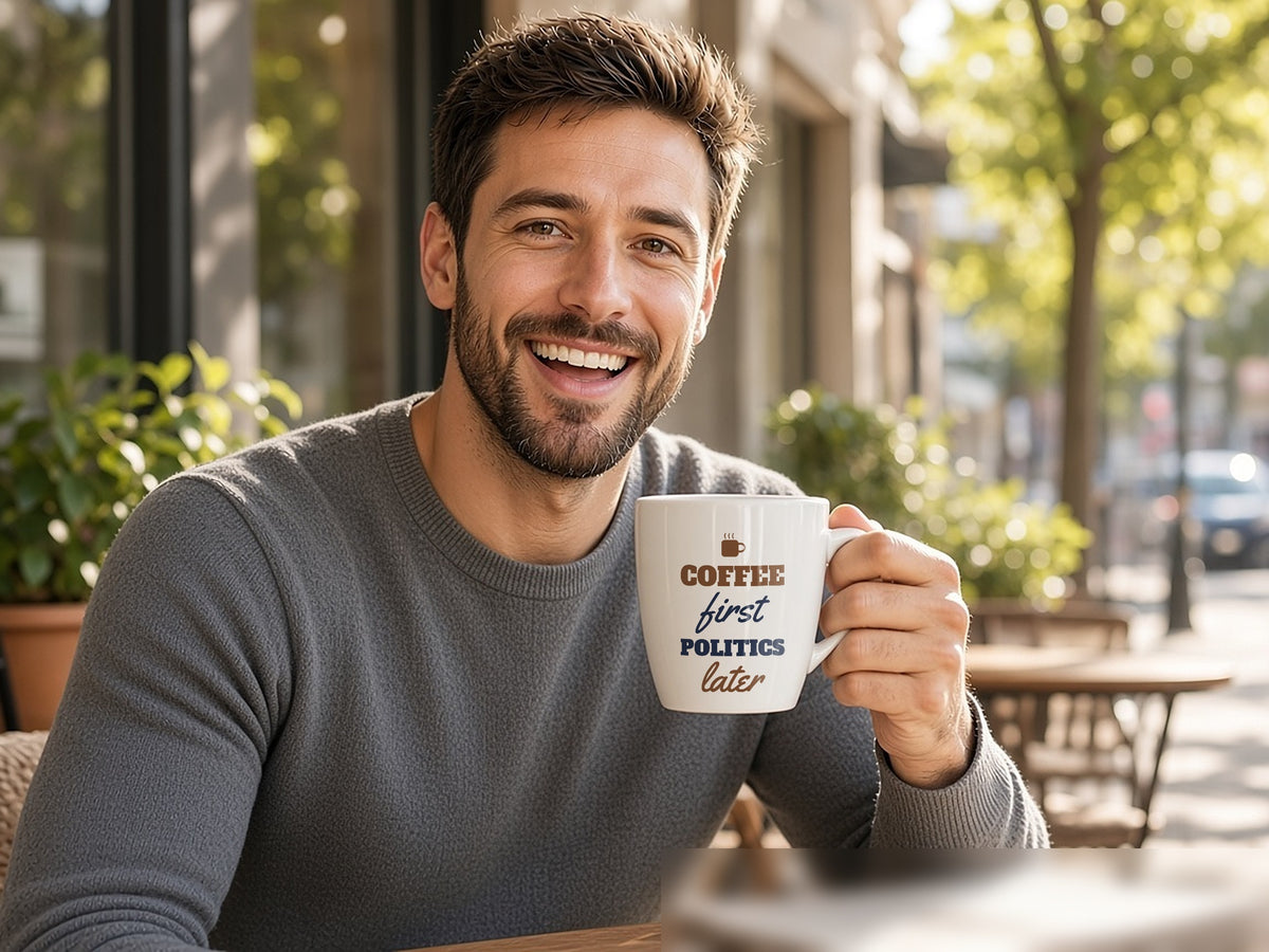 Coffee First, Politics Later Mug, Funny Political Coffee Mug, lifestyle photo