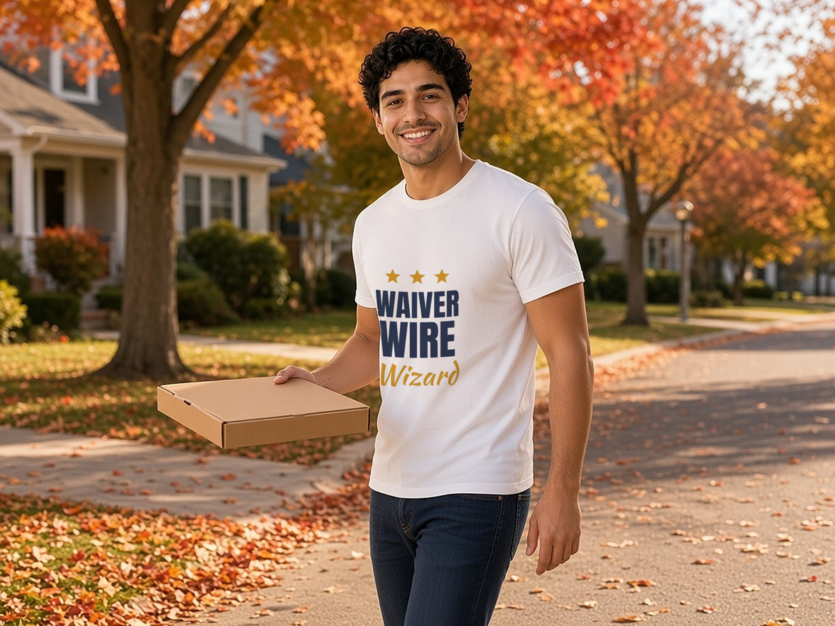 Waiver Wire Wizard T-Shirt, Funny Fantasy Football League Shirt, lifestyle photo, White