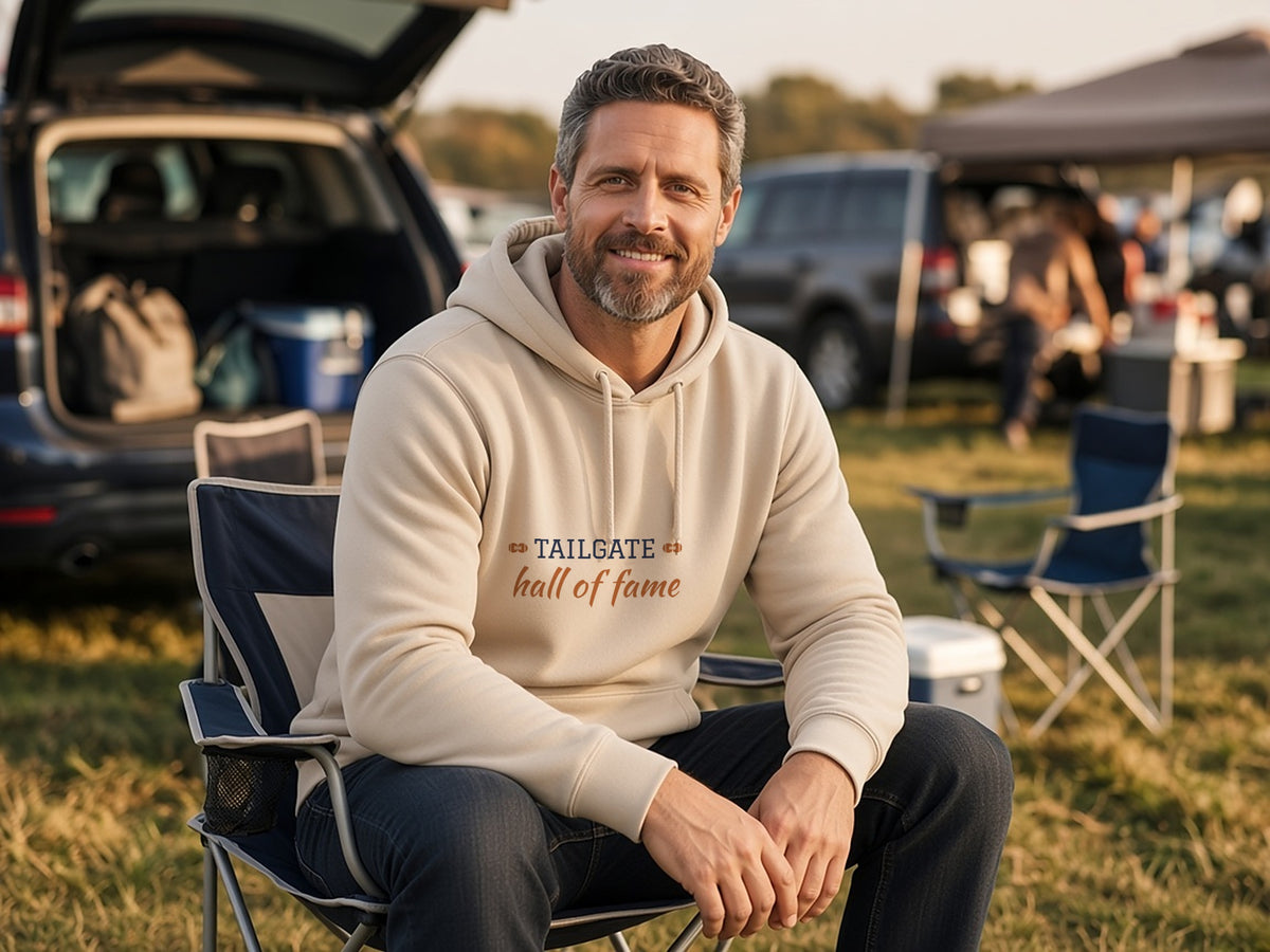 Tailgate Hall Of Fame Hoodie, Funny Tailgating Hoodie, lifestyle photo, Sand