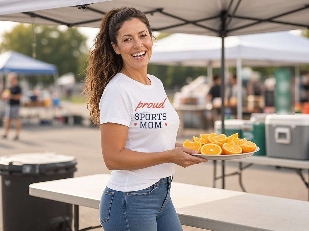Proud Sports Mom T-Shirt, Cute Game Day Shirt for Moms, lifestyle photo, White