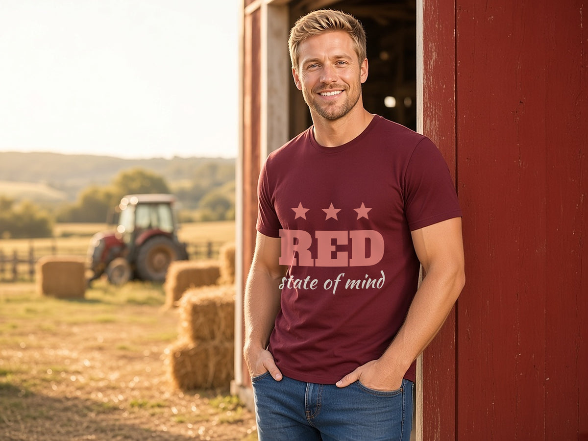 Red State Of Mind T-Shirt, Republican Voter Shirt, lifestyle photo, Maroon