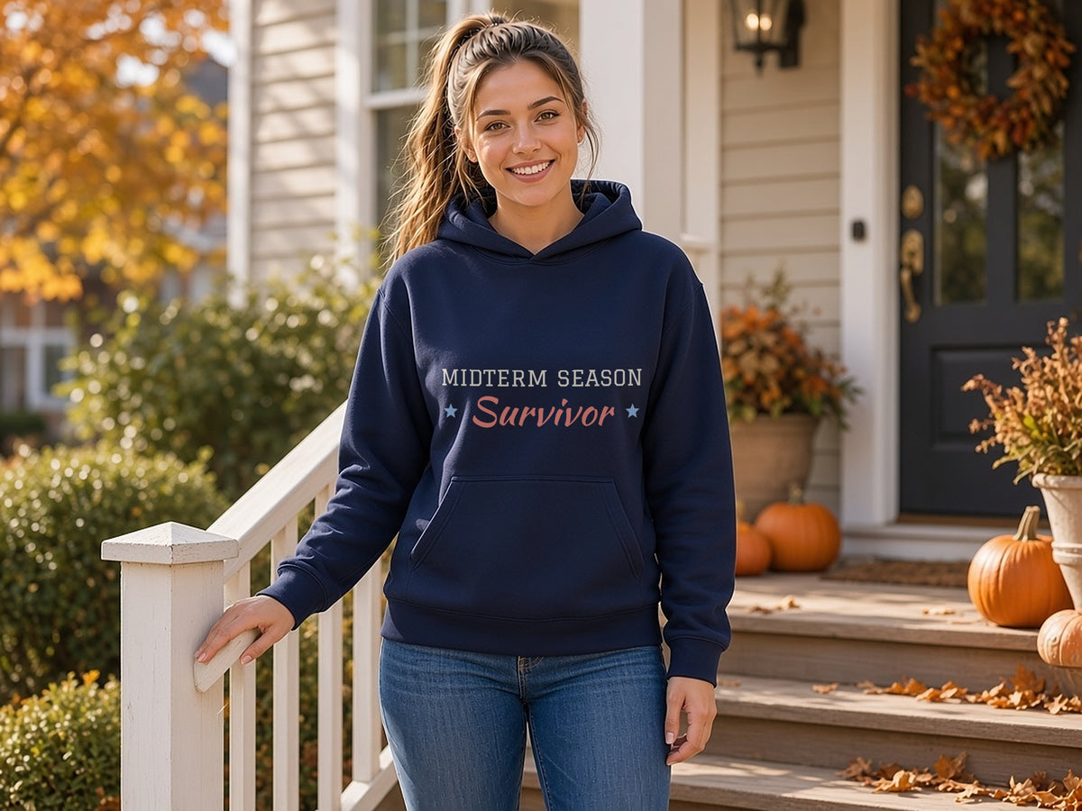Midterm Season Survivor Hoodie, Funny Election Hoodie, lifestyle photo, Navy