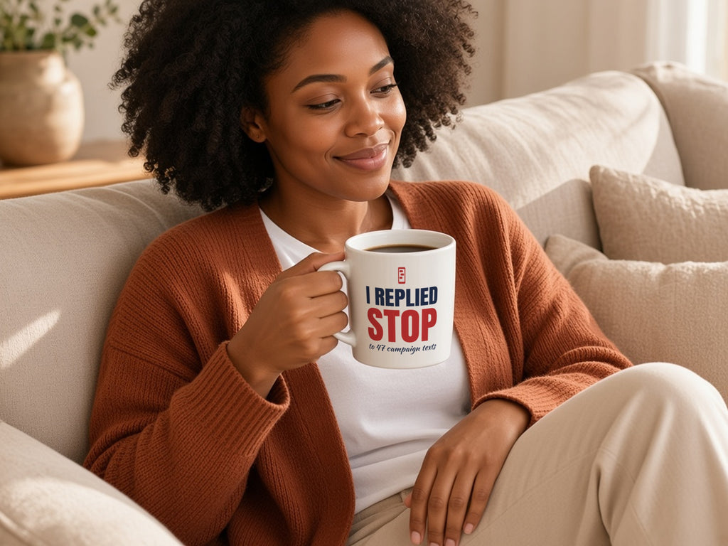 I Replied STOP To 47 Campaign Texts 15oz Mug, Funny Election Coffee Mug, woman in a rust cardigan holding the mug on the living room sofa