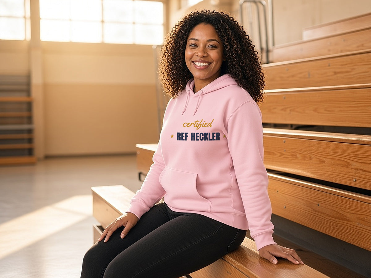 Certified Ref Heckler Hoodie, Funny Sports Fan Hoodie, lifestyle photo, Light Pink