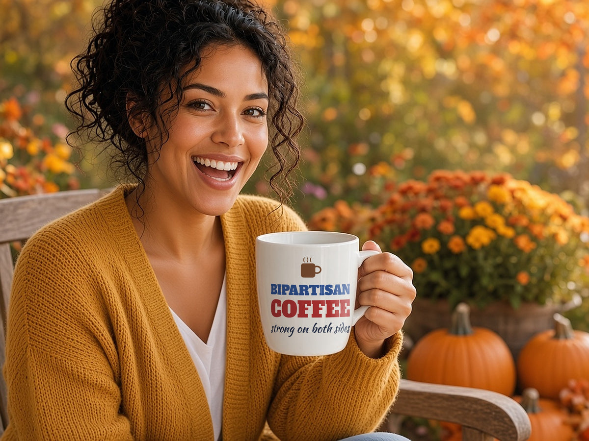 Bipartisan Coffee: Strong On Both Sides Mug, Funny Political Coffee Mug, lifestyle photo
