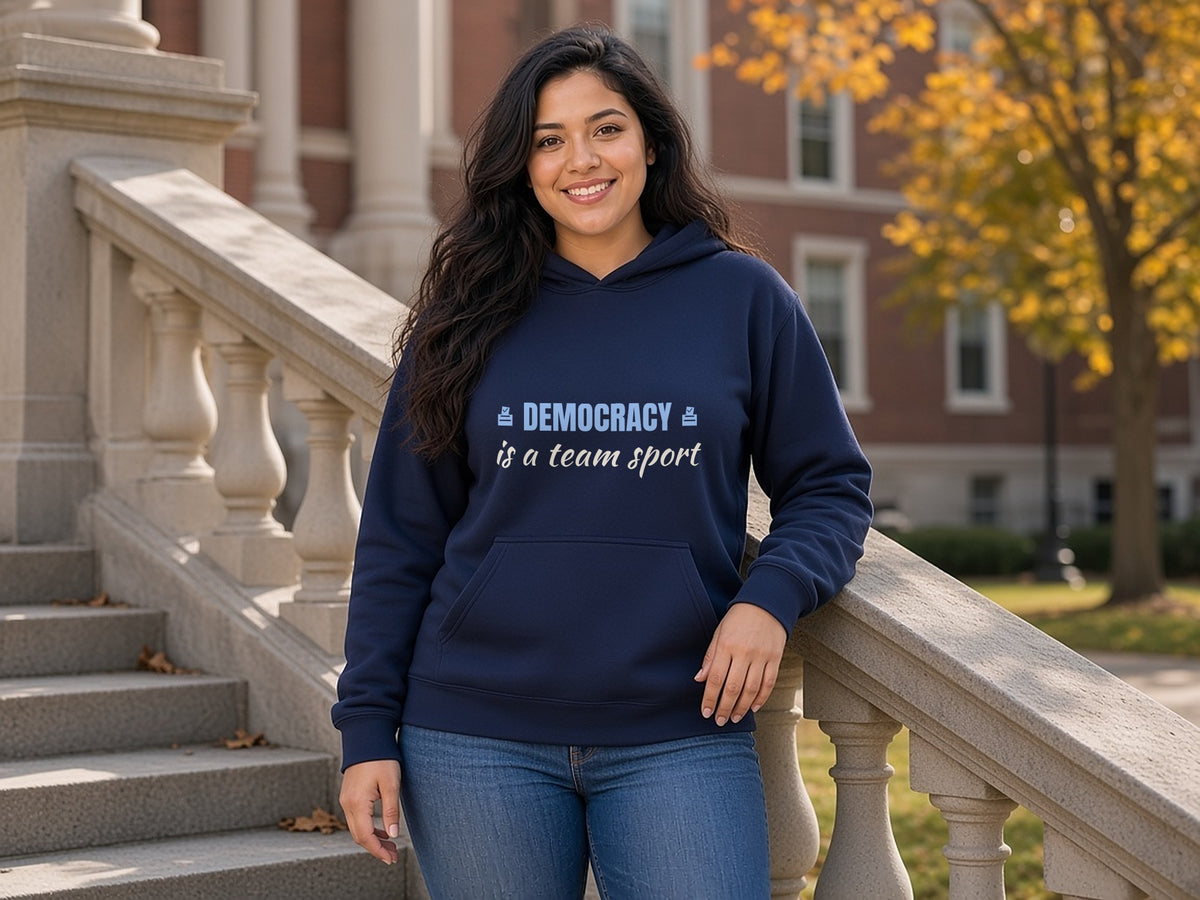 Democracy Is A Team Sport Hoodie, Voter Hoodie, lifestyle photo, Navy