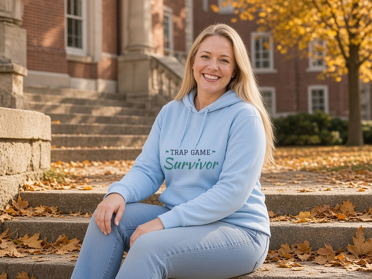Trap Game Survivor Hoodie, Funny Football Season Hoodie, lifestyle photo, Light Blue
