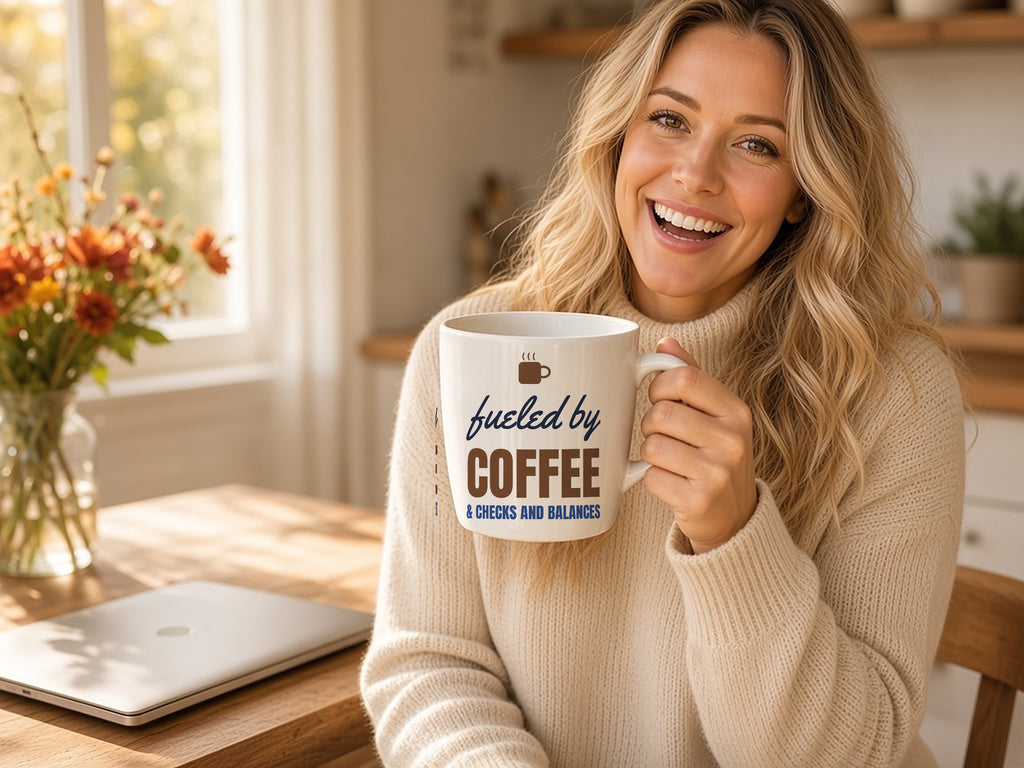 Fueled By Coffee And Checks And Balances 15oz Mug, Civics Coffee Mug, lifestyle photo