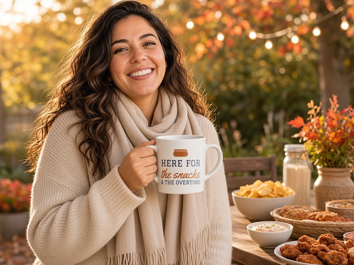 Here For The Snacks And The Overtime Mug, Funny Game Day Coffee Mug, lifestyle photo