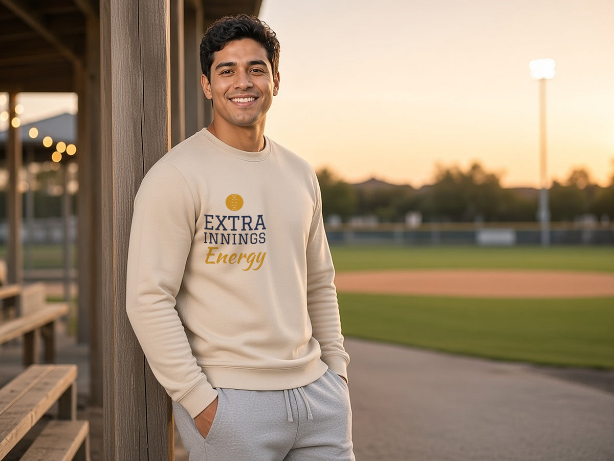 Extra Innings Energy Sweatshirt, Baseball Fan Sweatshirt, lifestyle photo, Sand