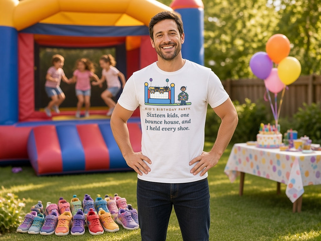 Funny Birthday Party T-Shirt, Sixteen Kids, One Bounce House, and I Held Every Shoe, Backyard Party Tee, lifestyle wide, hands on hips, shoe row at bounce house, White