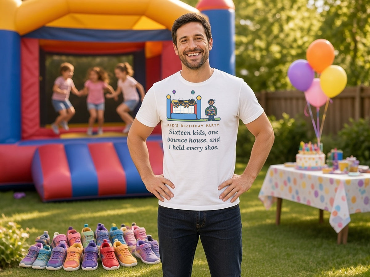 Funny Birthday Party T-Shirt, Sixteen Kids, One Bounce House, and I Held Every Shoe, Backyard Party Tee, lifestyle wide, hands on hips, shoe row at bounce house, White