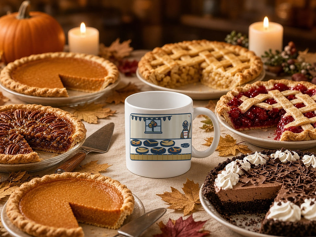 Thanksgiving Mug, Nine People, Six Pies, Grandpa Tried a Sliver of Every One Twice, Funny Coffee Mug 11oz, lifestyle setting, pie table