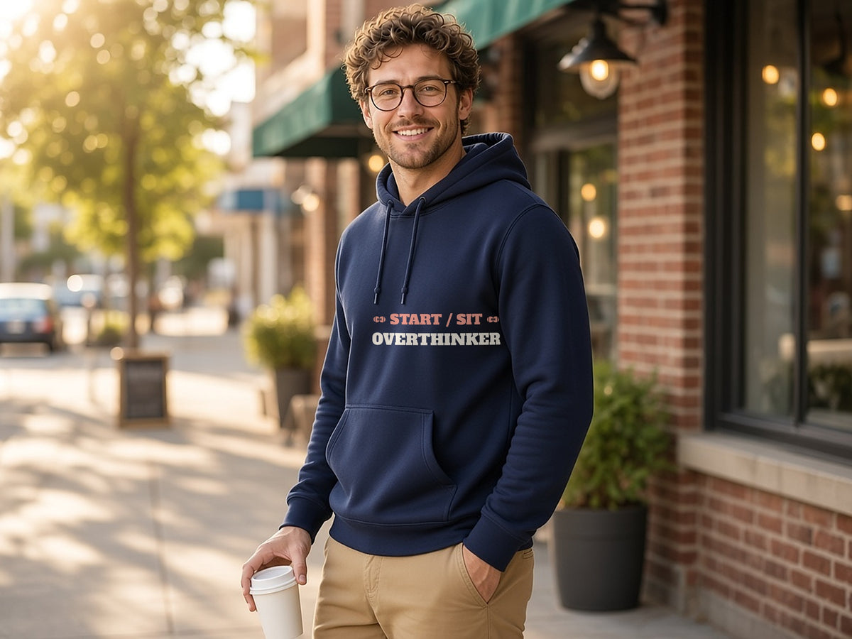 Start/Sit Overthinker Hoodie, Funny Fantasy Football Hoodie, lifestyle photo, Navy