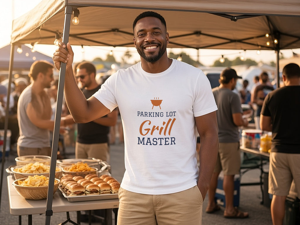 Parking Lot Grill Master T-Shirt, Funny Tailgate Shirt, lifestyle photo, White