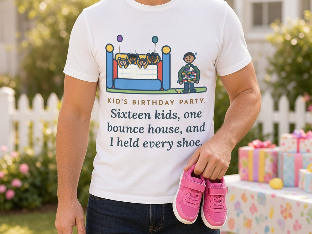 Funny Birthday Party T-Shirt, Sixteen Kids, One Bounce House, and I Held Every Shoe, Backyard Party Tee, close crop, design detail, side yard gift table, White