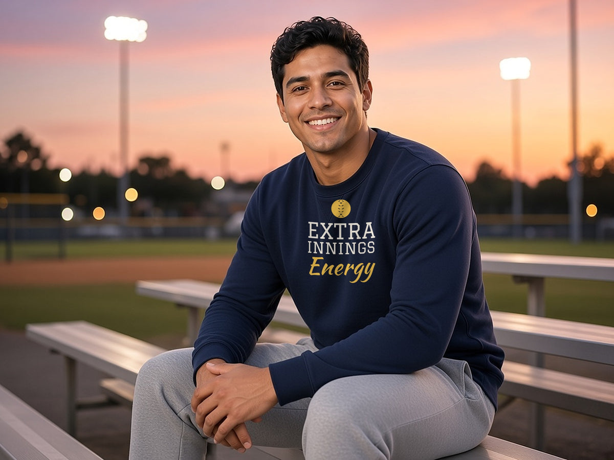 Extra Innings Energy Sweatshirt, Baseball Fan Sweatshirt, lifestyle photo, Navy