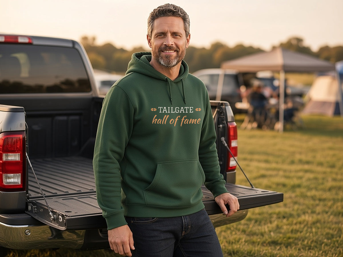 Tailgate Hall Of Fame Hoodie, Funny Tailgating Hoodie, lifestyle photo, Forest Green