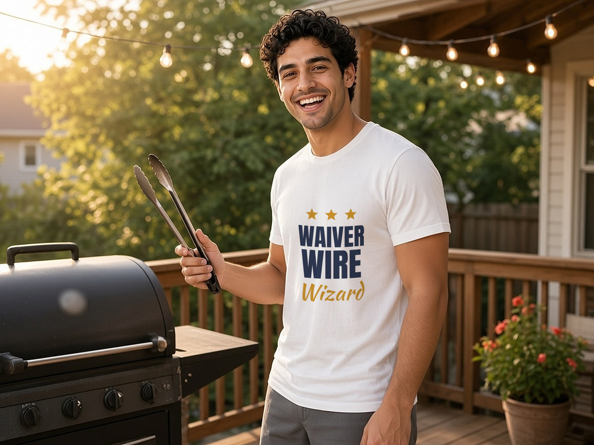 Waiver Wire Wizard T-Shirt, Funny Fantasy Football League Shirt, lifestyle photo, White