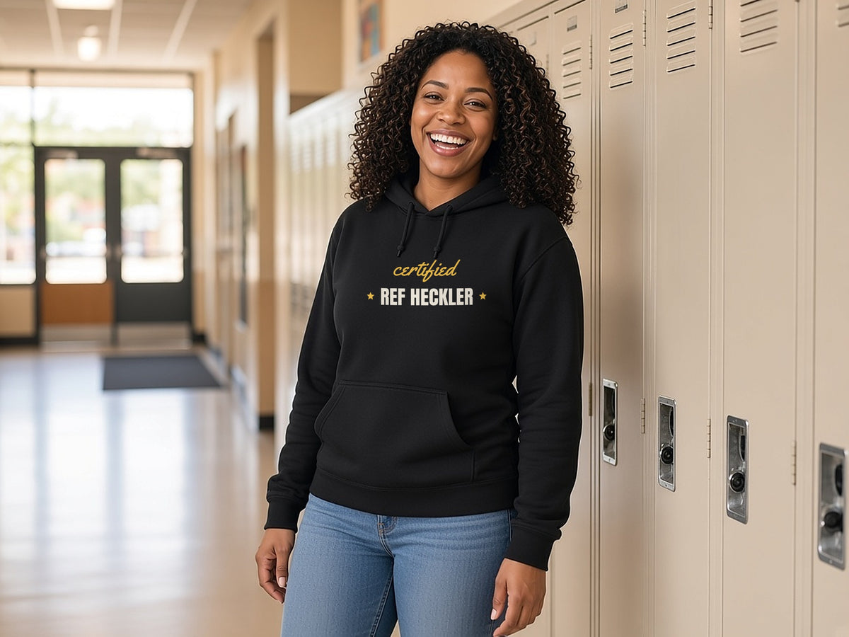 Certified Ref Heckler Hoodie, Funny Sports Fan Hoodie, lifestyle photo, Black