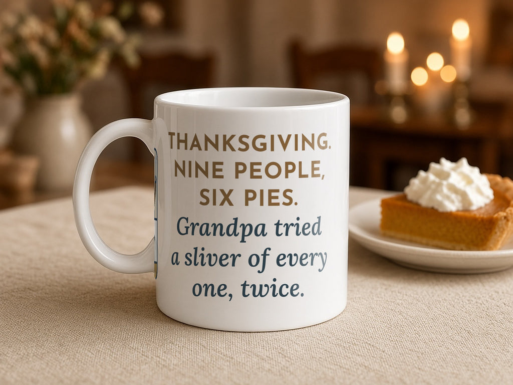 Thanksgiving Mug, Nine People, Six Pies, Grandpa Tried a Sliver of Every One Twice, Funny Coffee Mug 11oz, close crop, design detail
