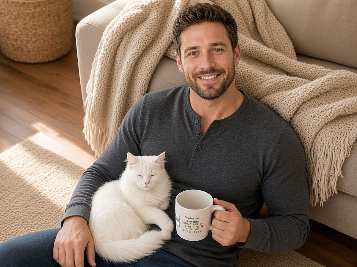 White Cat Mug, In the Snow, Found Her by the Pink Nose and the Green Eyes, Funny Coffee Mug 11oz, lifestyle photo