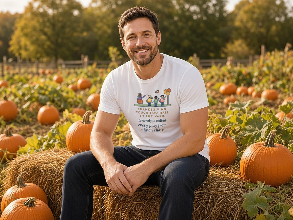 Funny Thanksgiving T-Shirt, Touch Football in the Yard, Grandpa Called Every Play from a Lawn Chair, Family Yard Game Tee, lifestyle photo, White