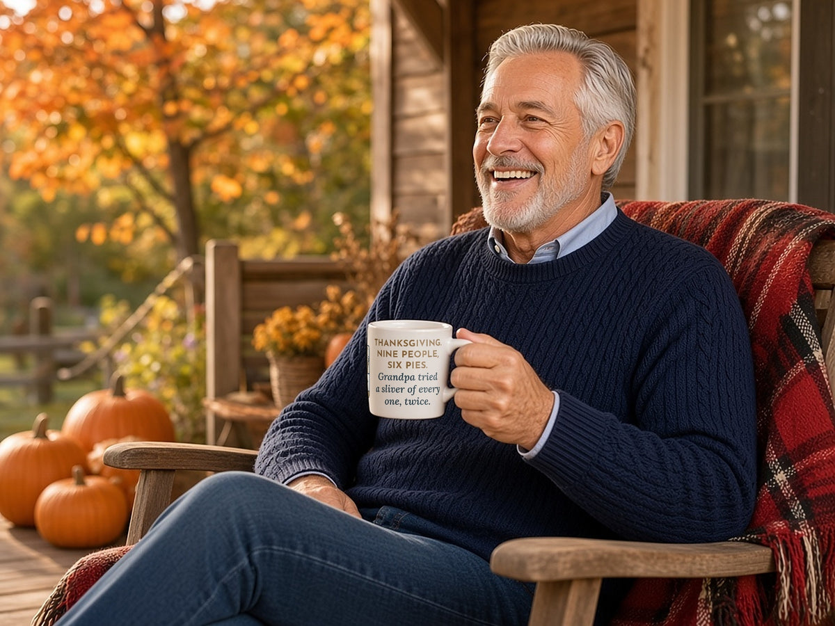 Thanksgiving Mug, Nine People, Six Pies, Grandpa Tried a Sliver of Every One Twice, Funny Coffee Mug 11oz, seated side angle in porch rocker, mug text side