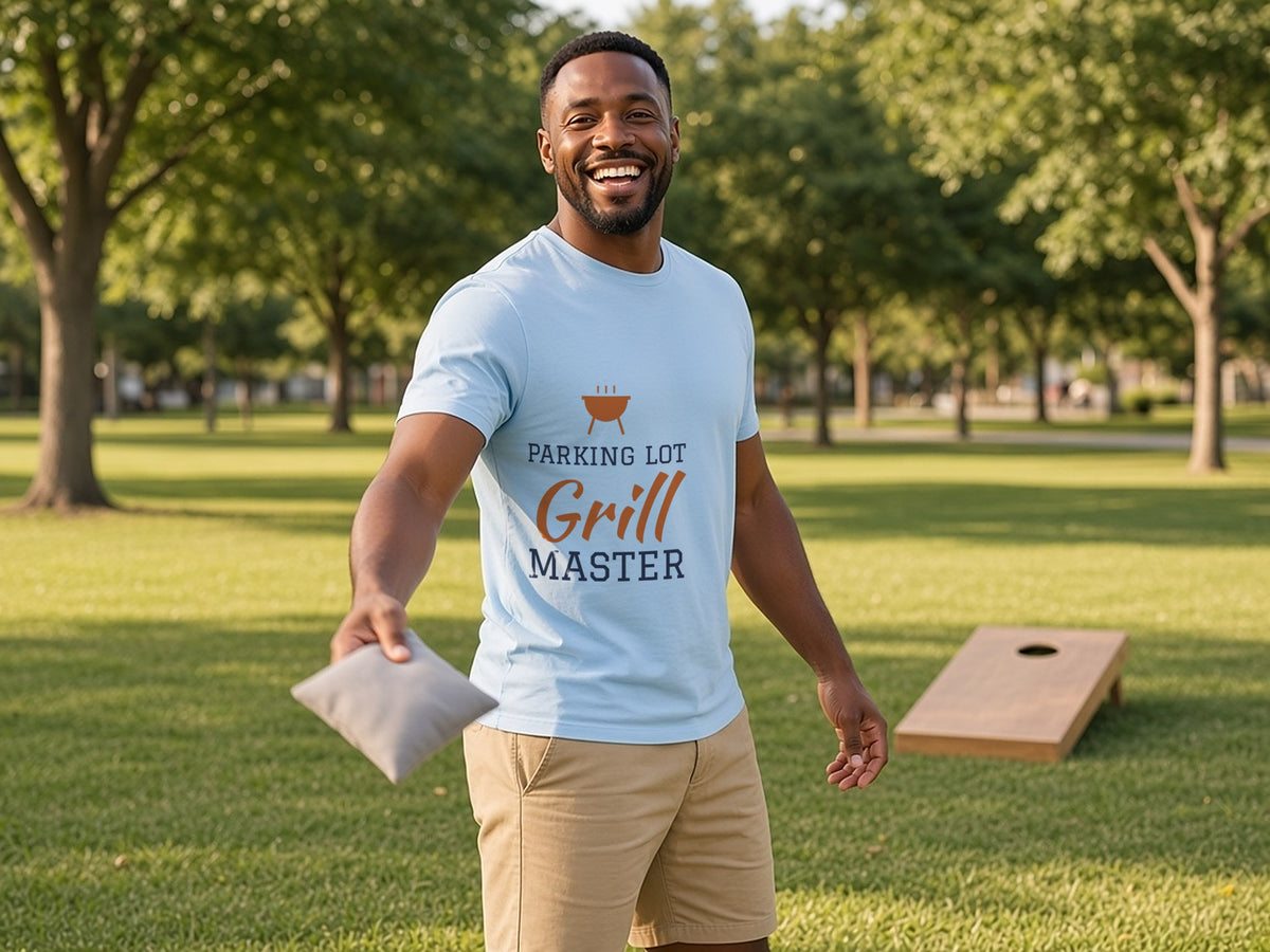 Parking Lot Grill Master T-Shirt, Funny Tailgate Shirt, lifestyle photo, Light Blue