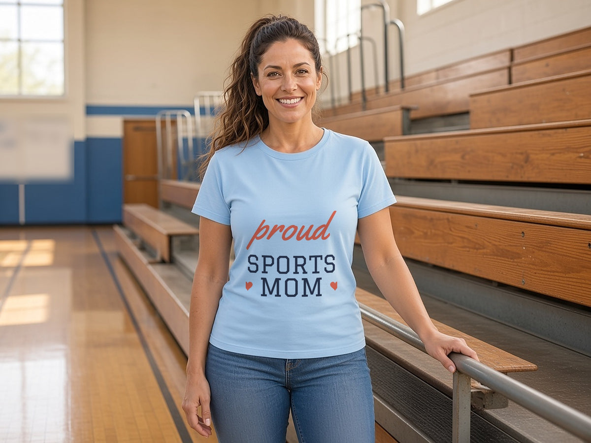 Proud Sports Mom T-Shirt, Cute Game Day Shirt for Moms, lifestyle photo, Light Blue