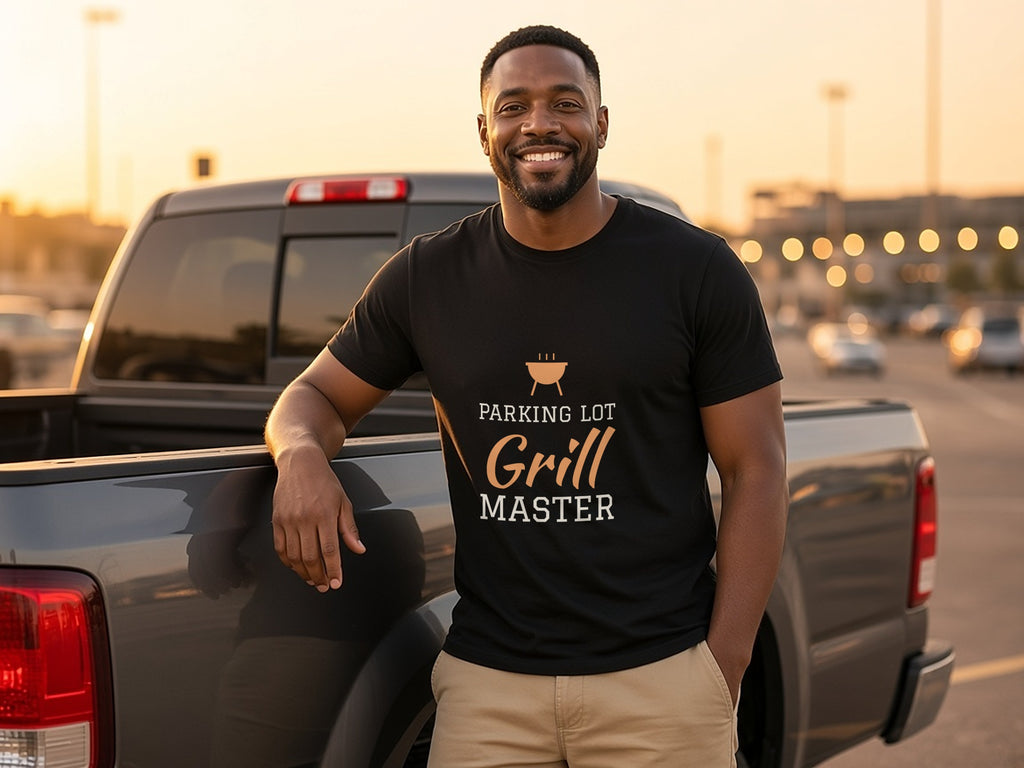 Parking Lot Grill Master T-Shirt, Funny Tailgate Shirt, lifestyle photo, Black
